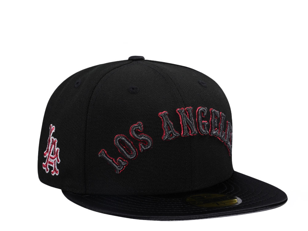 New Era Los Angeles Angels  Shiny Black And Red Satin Brim 59Fifty Fitted Cap